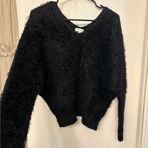 She + Sky Black Fuzzy V-Neck Sweater
